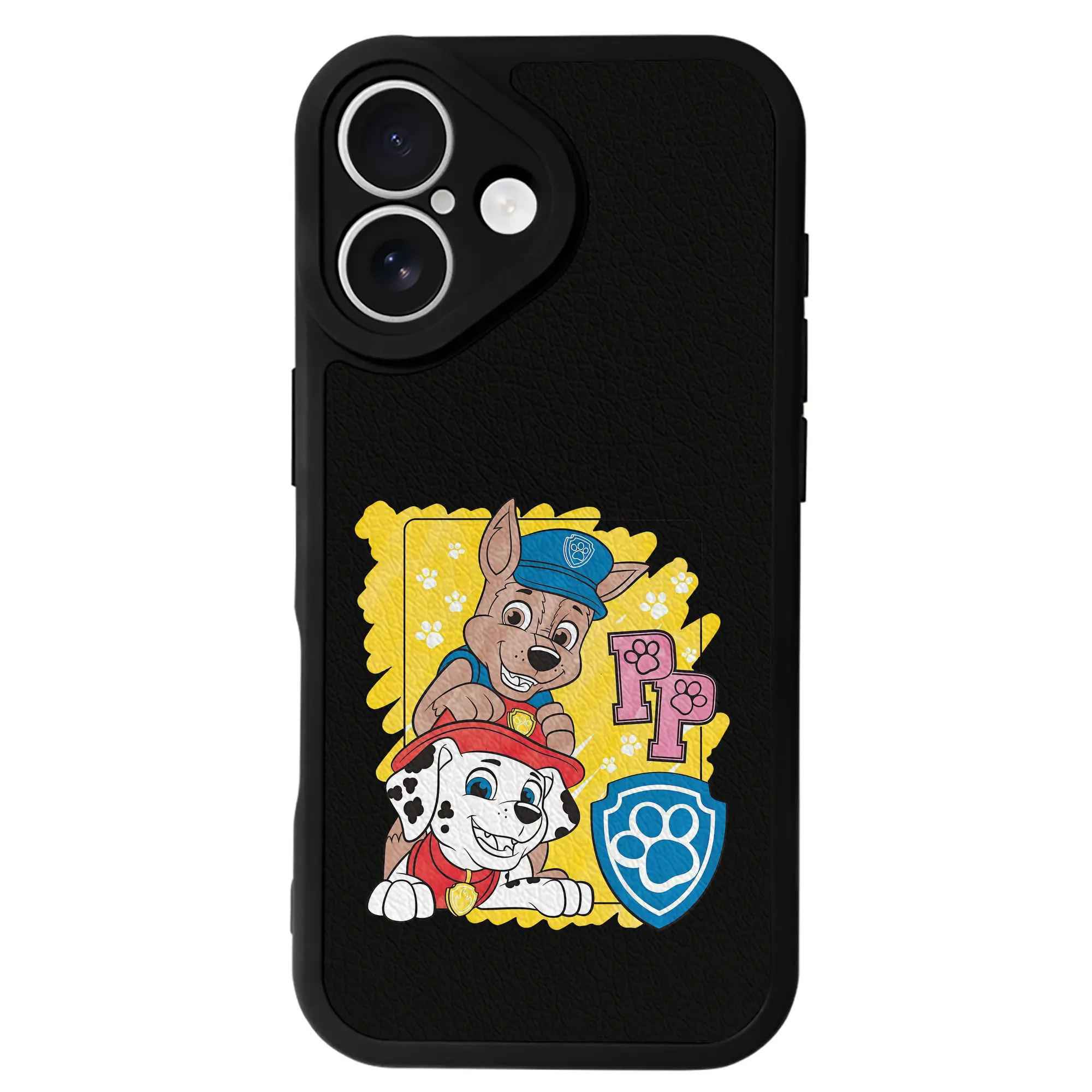 パウ・パトロール グッズ チェイス - IPhone 16シリーズ対応 ・ シリコンスマホケース ・ レザー調 ・ 高精度フィット ・ 耐衝撃 ・ ワイヤレス充電対応 ・ 精密カット